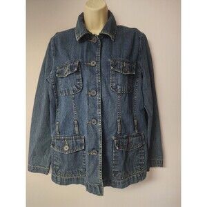 French Cuff Womens L Blue Denim Jean Jacket Front Pockets No Belt